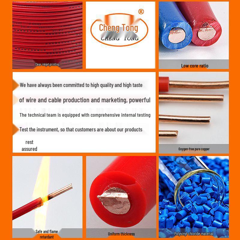 Cheng Tong Flame Retardant Pure Oxygen-Free Copper Single Core Wire (1/1.5/2.5/4/6 sq mm) for Household Use, ZC-BV Standard