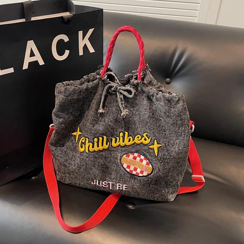 Tote Bag Women's Autumn and Winter New Vintage Design Denim Handbag Student Large Capacity Embroidered Letter Crossbody Bag
