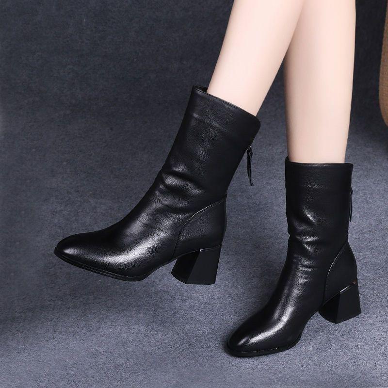 

2025 Women s Autumn/Winter Mid-Calf Chunky Heel Pointed Toe High-Heeled Leather Martin Ankle Boots Size 40