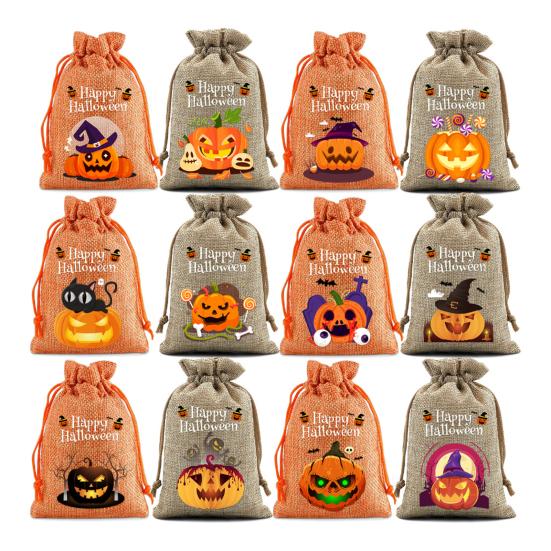 12 Pcs Halloween Treat Bags Burlap Gift Bags Mini Drawstring Candy Bags Pumpkin Pattern Goodie Bags for Halloween Party Favors