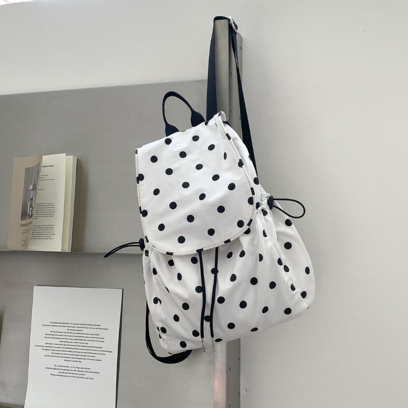 Trendy College Backpack Cotton Daily Travel School Bag Flip Drawstring Casual Polka Dot Backpack Women