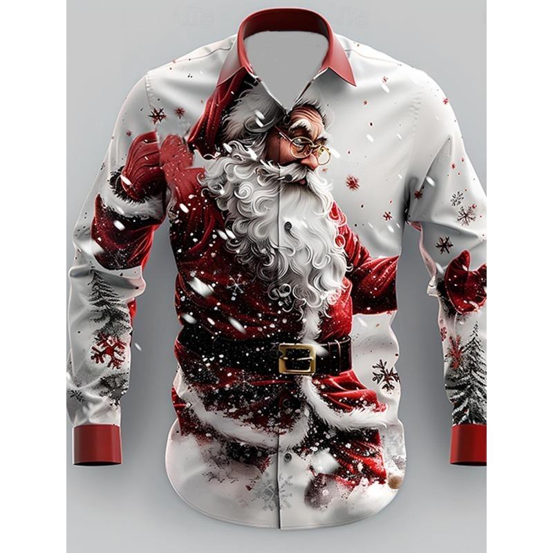 Christmas Santa Claus Casual Men's Button Up Shirt Long Sleeve Christmas theme Shirt Collar Button Up 3D Print Thin Polyester