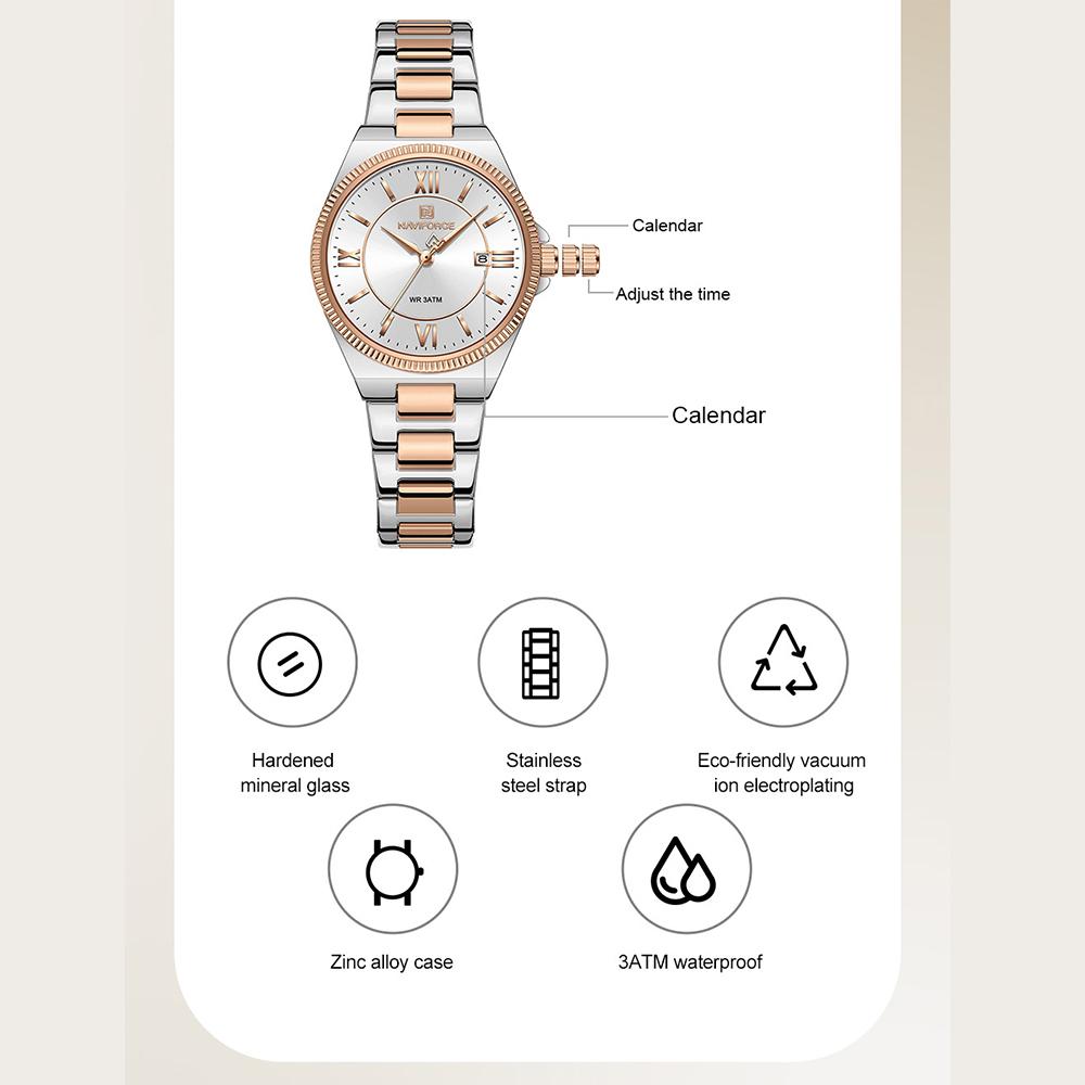 NAVIFORCE Original Women Business Watch Stainless Steel Strap 30m Waterproof Calendar Simple Dial Women Lady Casual Watch NF5073