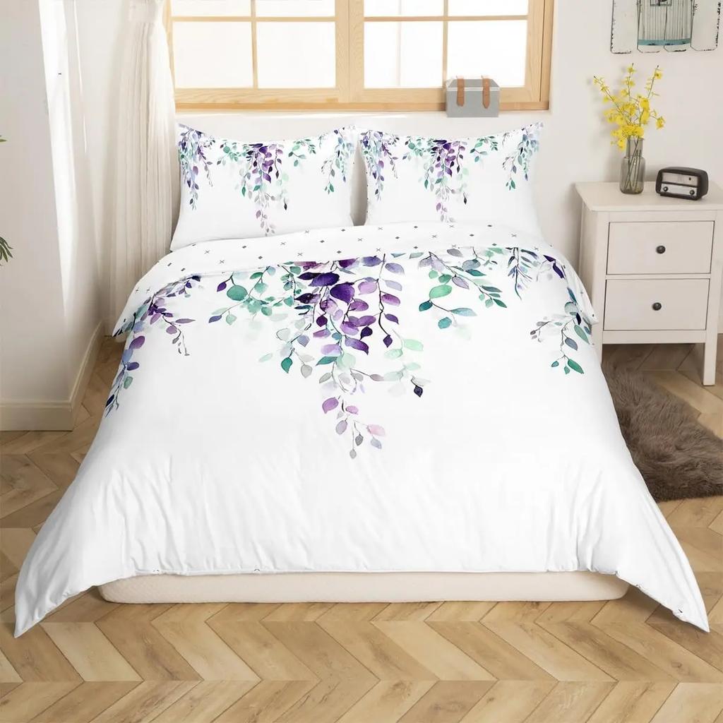 Bettdecke Tuschemalerei Stil Queen King Size Modern Schlicht Aquarell Pflanze Blatt Bettwäsche Set Kinder Erwachsene Damen 3-teiliges Set