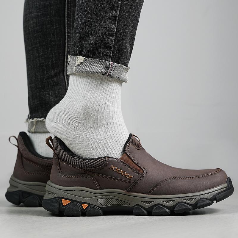 Men's Waterproof Slip On Faux Leather Hiking Shoes for Male Outdoor Non-Slip Walking Sneakers Casual Loafers Work Shoes Comfortable Short Boots