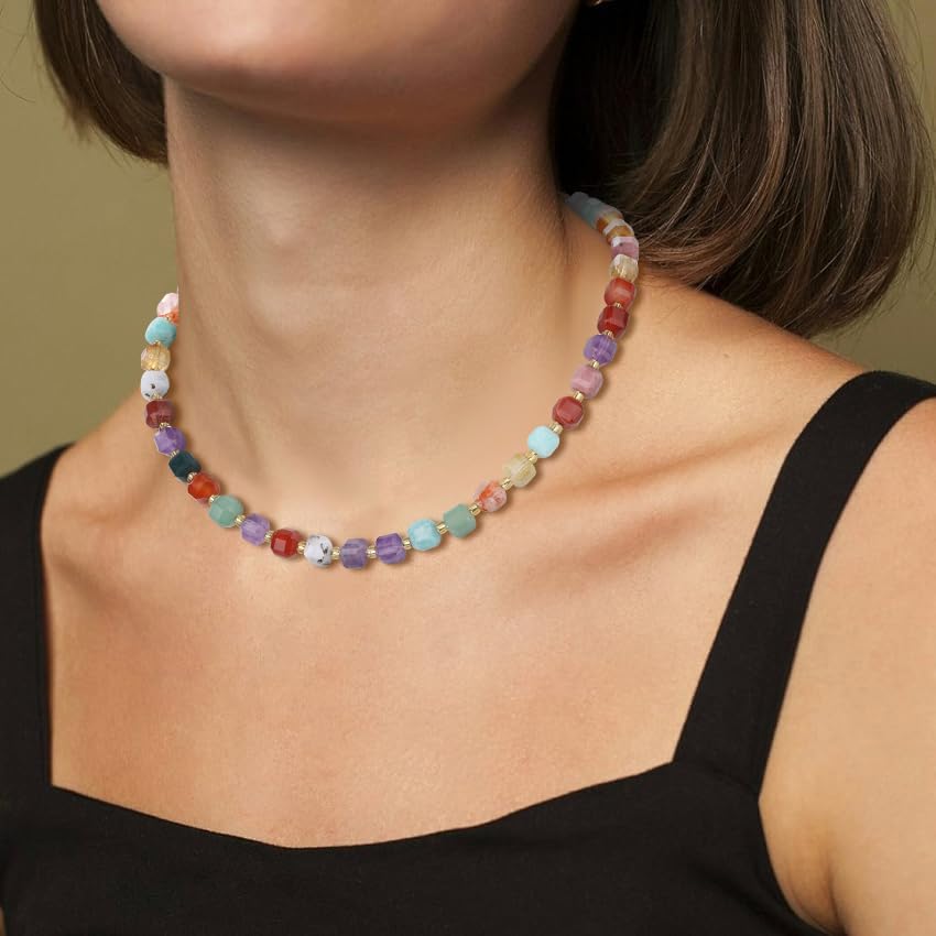 [KOAI] 6mm Cubic Zirconia Chakra Bead Rainbow Necklace for Women