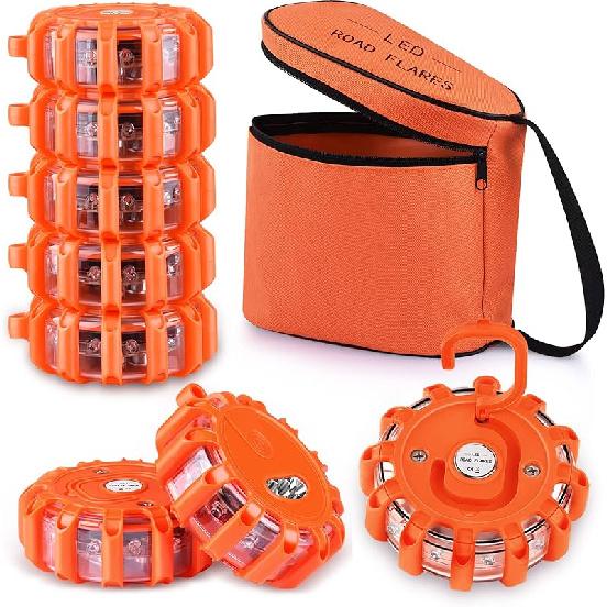 AK [6 Pack LED Road Flares Safety Flashing Warning Light Roadside Emergency Disc Beacon Kit For Vehicles Boats With Magnetic Base & Hook, Premium