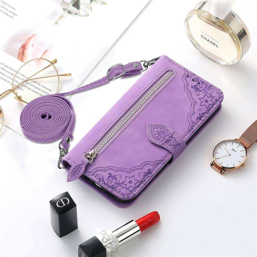Crossbody Zipper Leather Wallet Card Pocket Case For iPhone 15 14 13 12 11 16 Pro Max Plus SE2022 X XR XS Lanyard Strap Cover