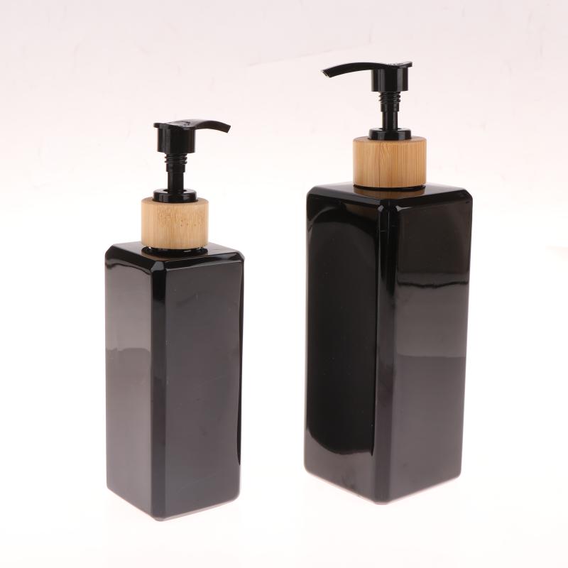 1Pcs Bathroom Dispensers Square Shampoo Shower Gel Body Wash Dispensers Refillable Bamboo Pump Bottles Lotion Containers