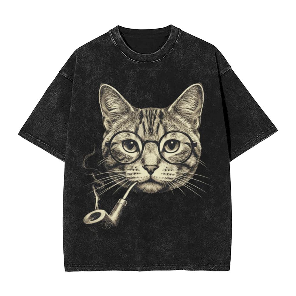 Smoking Cat Funny Washed T Shirts Streetwear Hip Hop Fashion T-Shirts Tees Tops Wo 100% Cotton Oversize Graphic Printed