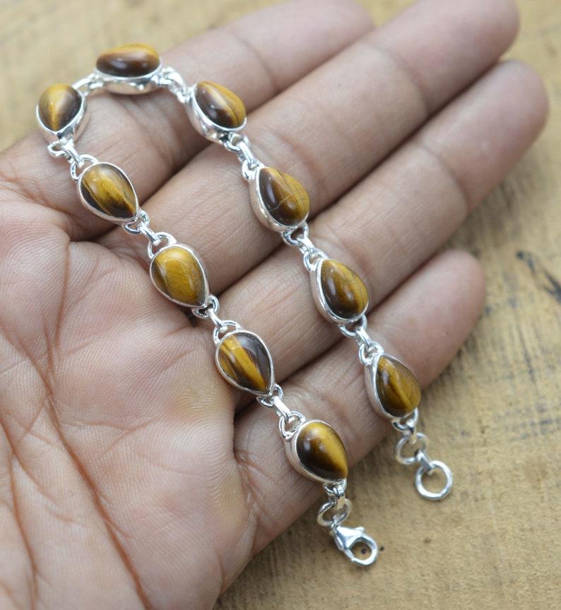 Solid 925 Sterling Silver Tiger Eye Gemstone Handmade Designer Boho Tennis Bracelet Charm Jewelry