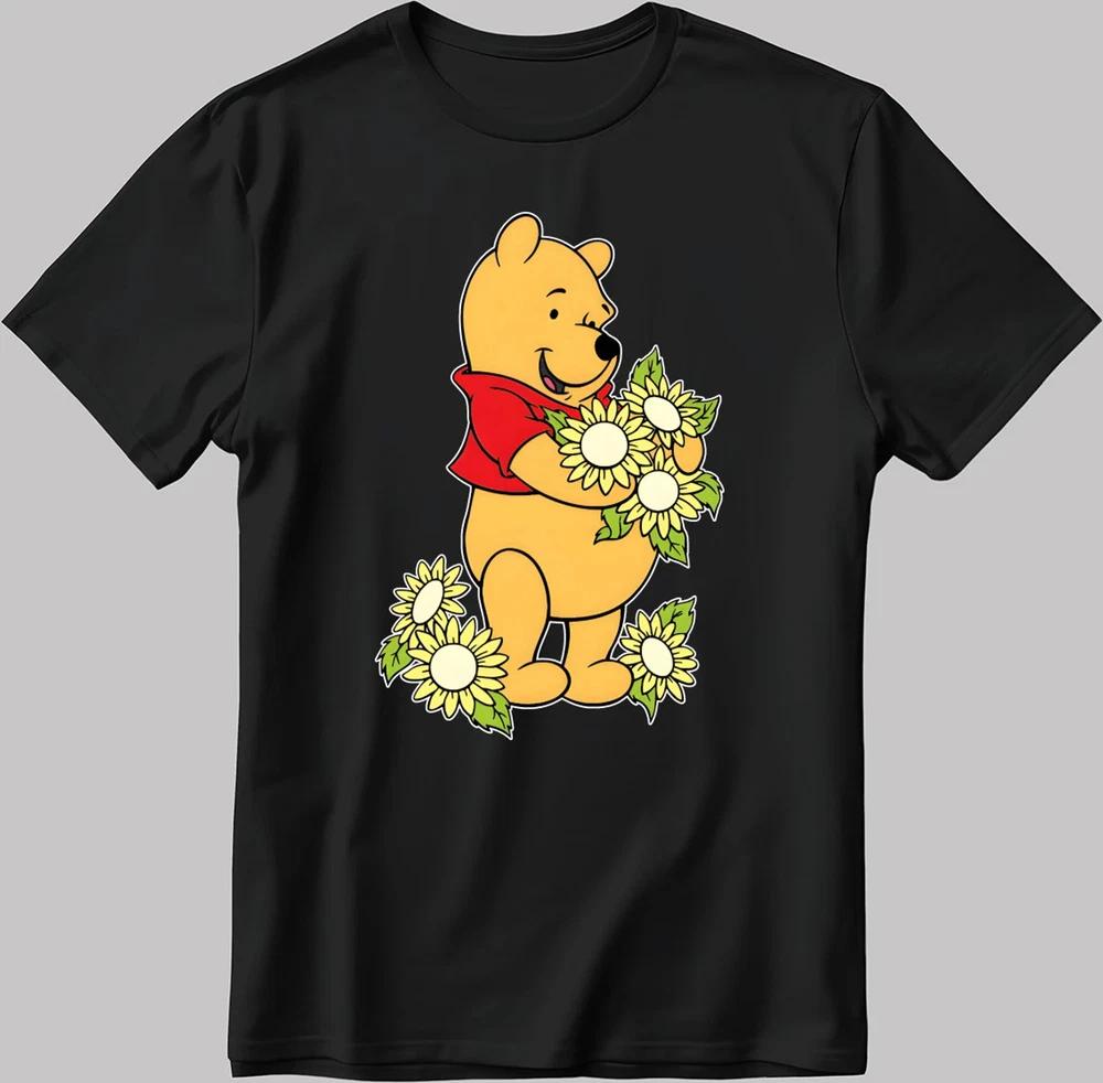Winnie The Pooh Holding Floral Black TShirt S