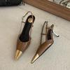 Mode SUOJIALUN 2025 Frühling Gold Metall Zehenbereich Damen Elegante Sandale Neue Marke Flache Slipper Slingback Schuhe Dünner Hoher Absatz Kleid Pumps