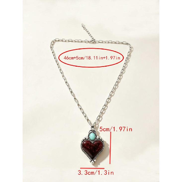 American Western Style Heart-Shaped Alloy Necklace, Vintage Distressed Artificial Turquoise & Burgundy Heart Pendant Choker