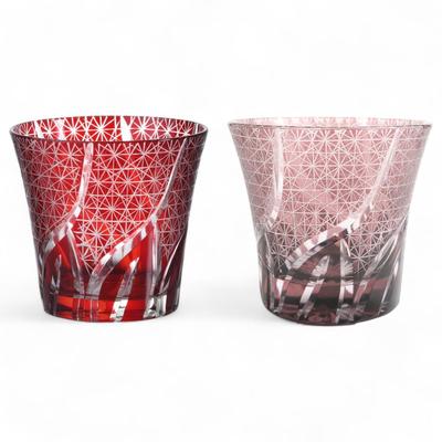 Mizukage Kiriko Pair Glass Cups 240cc Ranbori Komon Red Purple Bishou Current Model J-kitchens 94xH85mm &