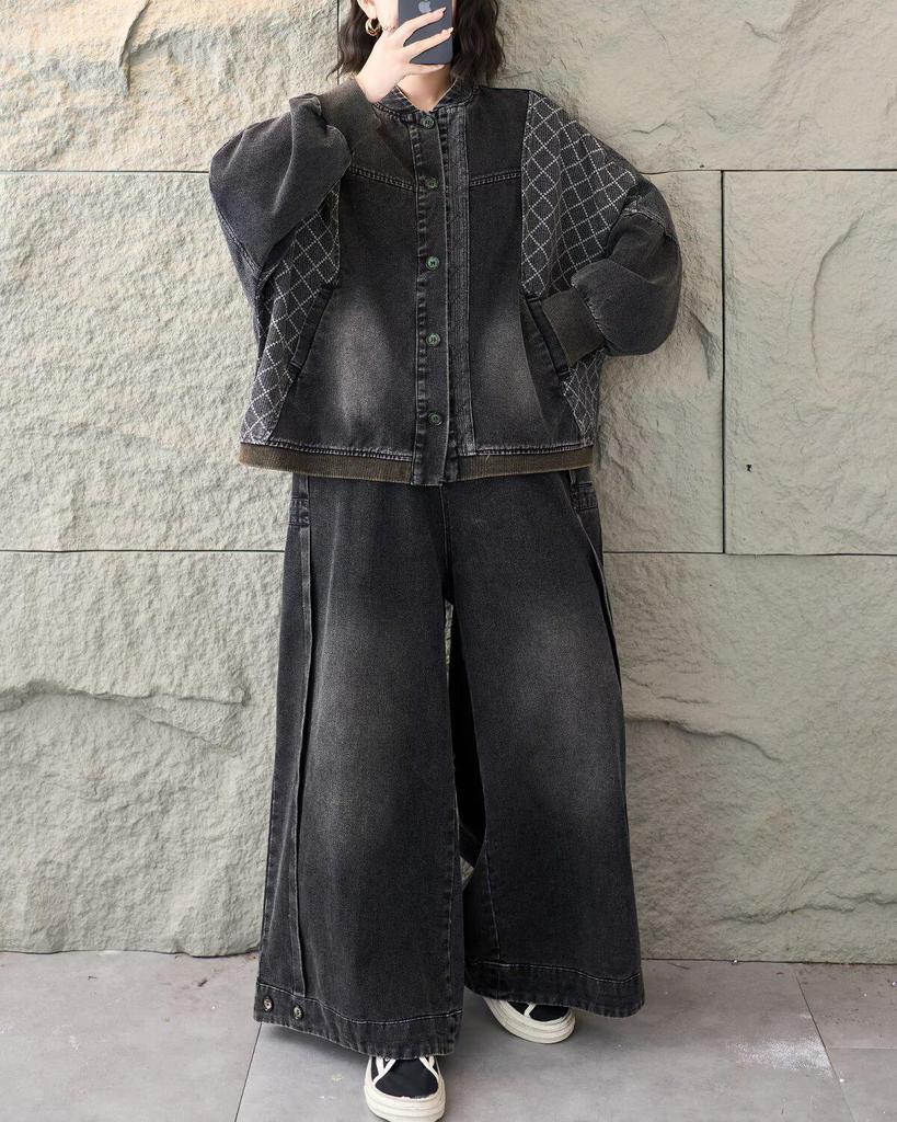Artistic Loose-Fit Denim Jacket - Spring 2026 New Arrival, Stand Collar, Patchwork, Long Sleeve, Plus Size Fashion Top