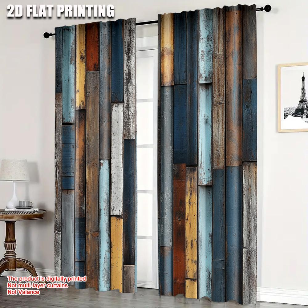 

Set Of 2 Popular Curtain Panels Print Retro Faux Wood Plank Fabric Without Rod Gifts Perfect Living Room Polyester Machine Washable For Great W100*H70(CM)-Hooks&2PCS