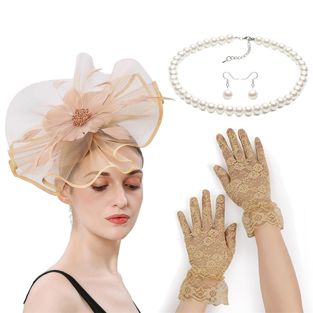4IN1 Costume Tulle Hair Accessories Fascinator Hat Gloves Necklace Set For Equestrian Event Formal Occasion Dressingup