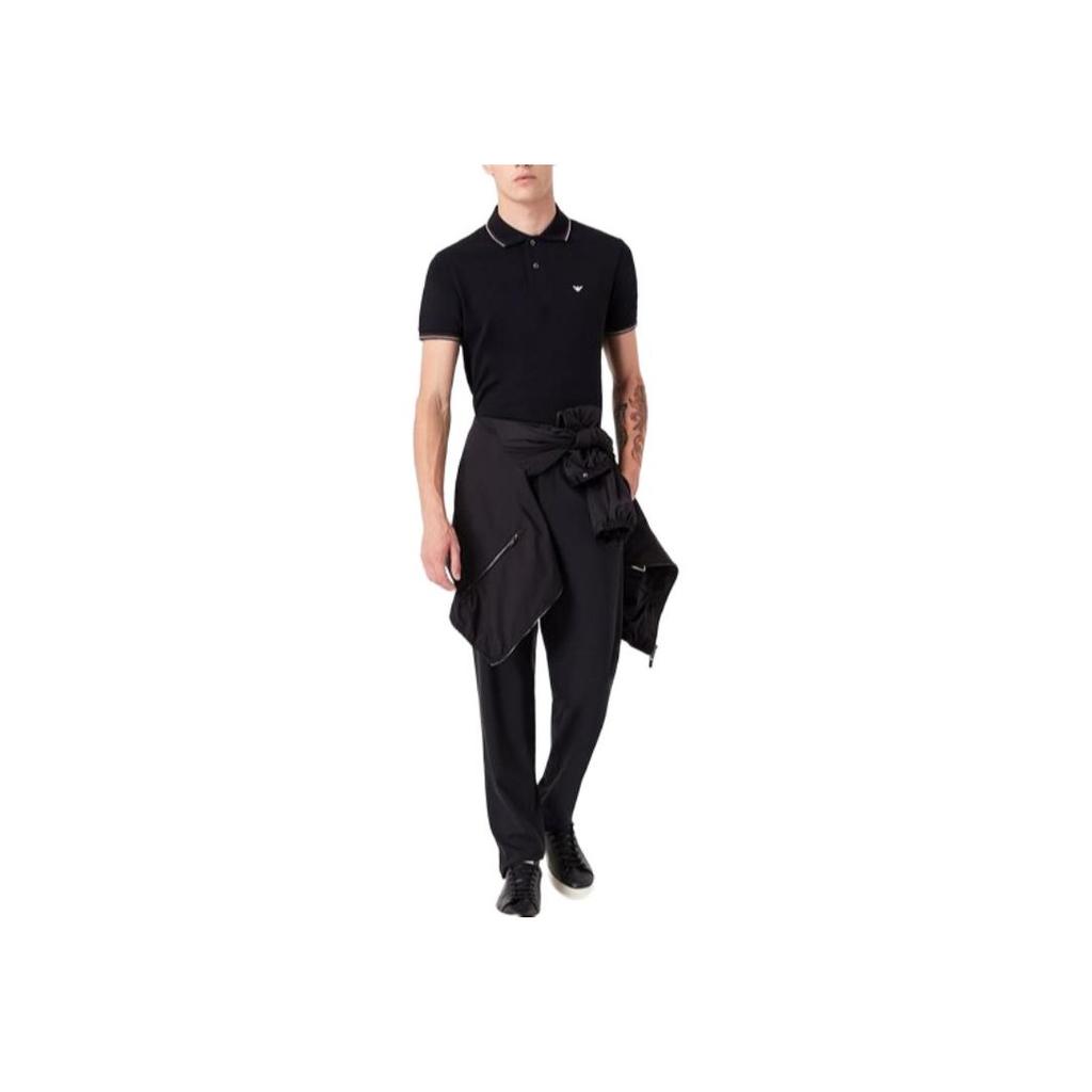 Emporio Armani Polo Shirt Stretch Piqué Micro Eagle Solid Color Square Neck Short Sleeve T-Shirt Men Tops Navy-Blue 8N1FB41-JPTZ1-0920