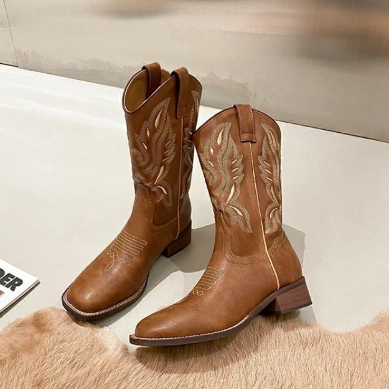 Fashion Middle Heel Leather Square Toe Spring Autumn Ladies Mid Calf Shoes 2025 Novelty Designer Luxury Elegant Women's Half High Boots