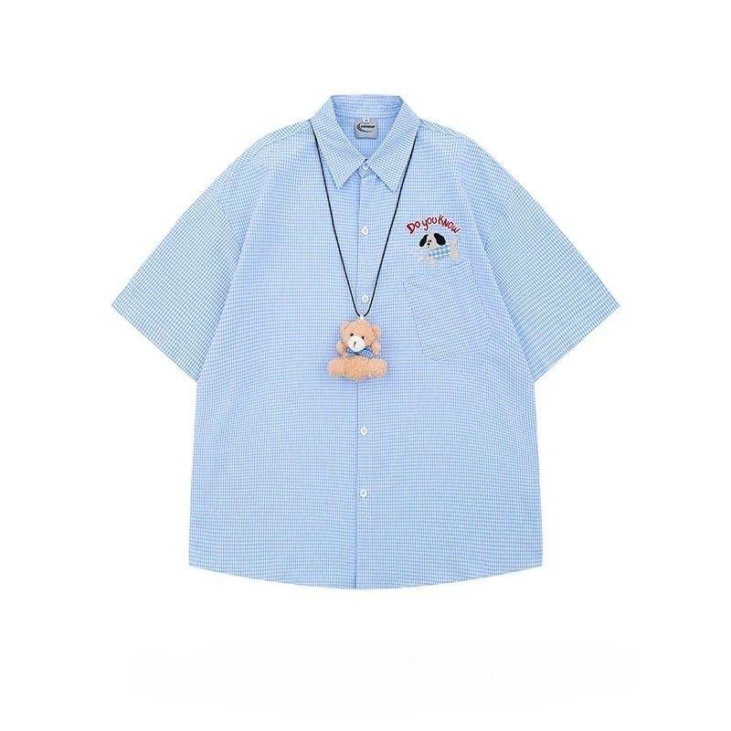 Dog Embroidered Women's Shirt Short Sleeved Teddy Bear Pendant Checkered Shirts College Style Casual Versatile Blouses