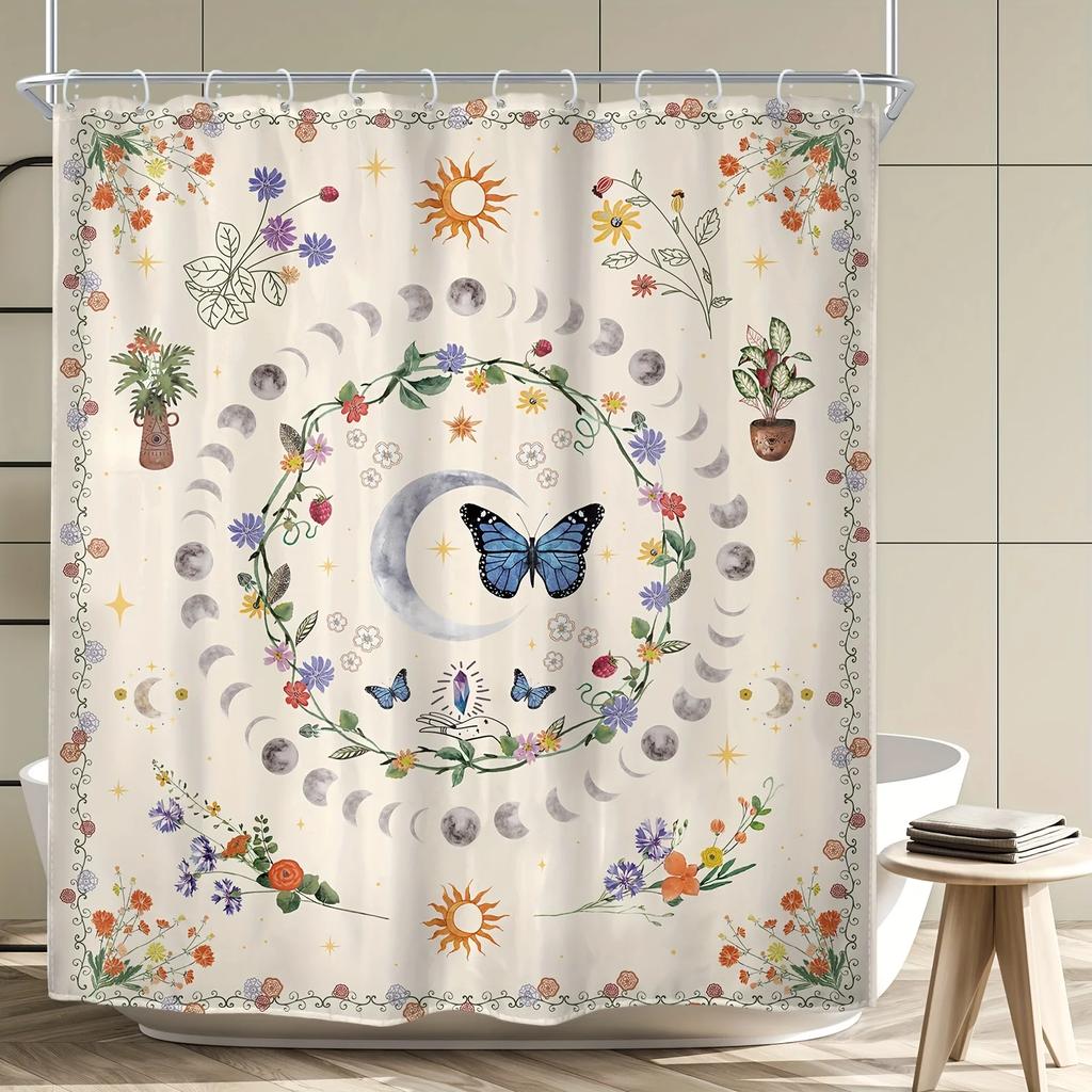 Waterproof Moon Phase Shower Curtain, Polyester Abstract Bohemian Floral Butterfly Design,Star Moon Art,Bath Decor with 12 Hooks