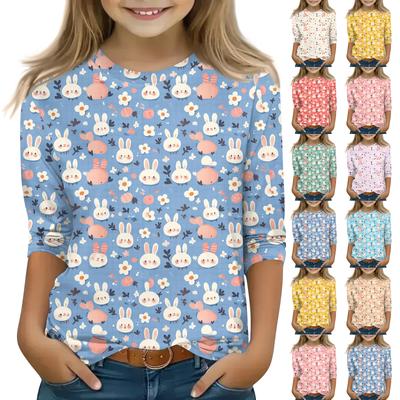 Print Tops For Youth Girls Round Neck 3/4 Sleeves T-Shirts Trendy Tops Outfit Tees