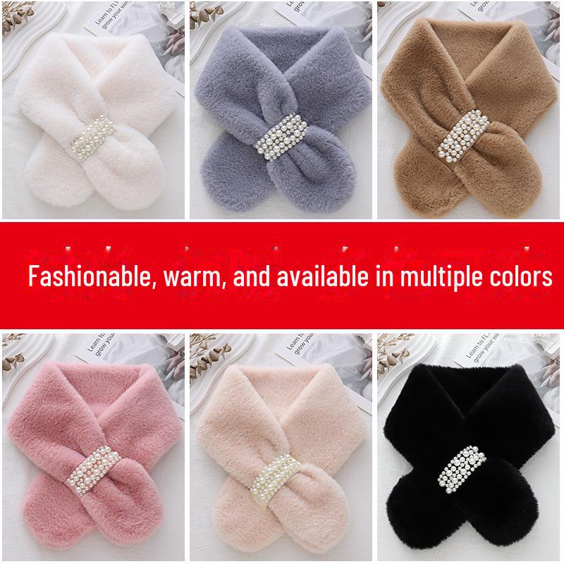 Winter Pearl Thick Warm Korean Girl's Scarf: Imitation Rex Rabbit Fur with Cross Design