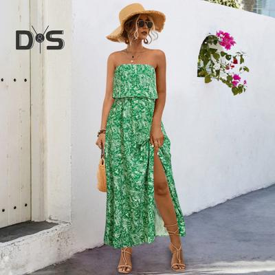 Women's Summer Off Shoulder Maxi Dress Ruffle Strapless Tube Top A-line Split Long Dress Summer Boho Floral Beach Dress