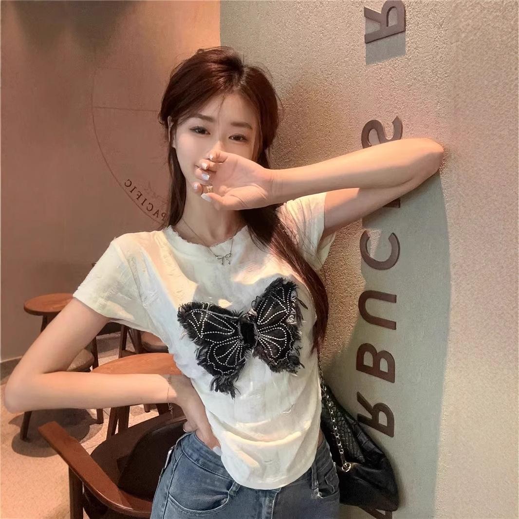 

2025 Нишевая женская ретро футболка с коротким рукавом на лето, приталенного силуэта с принтом бабочки One Size (recommended for up to 125 pounds) бежевый