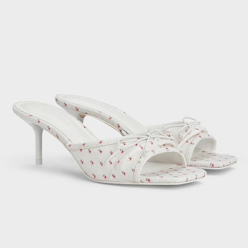 Bow High Heels Women Slippers Square Toe Sandals Shoes 2025 Summer New Designer Shoes Dress Slides Beach Open Toe Mujer Pumps