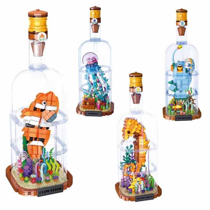 New Product Simulation Animal Series Creative Children'S Toys Bottled Building Blocks Octopus Seahorse Educational Gift Model