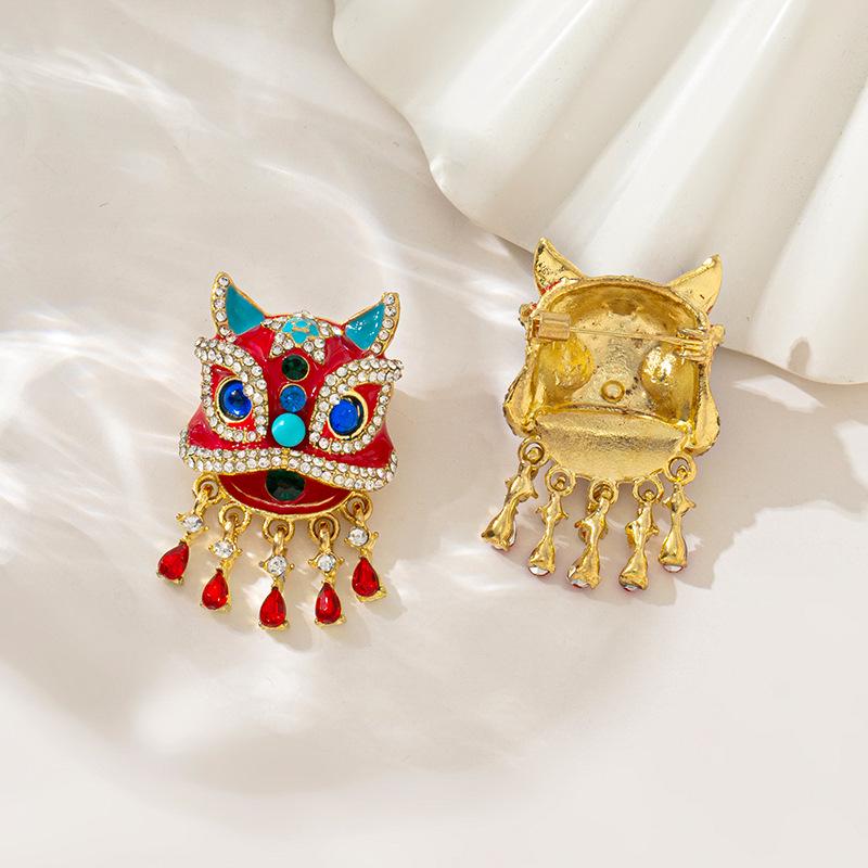 Chinese Style Red Lion Dance Brooch - Women's Luxury Festive Accessory