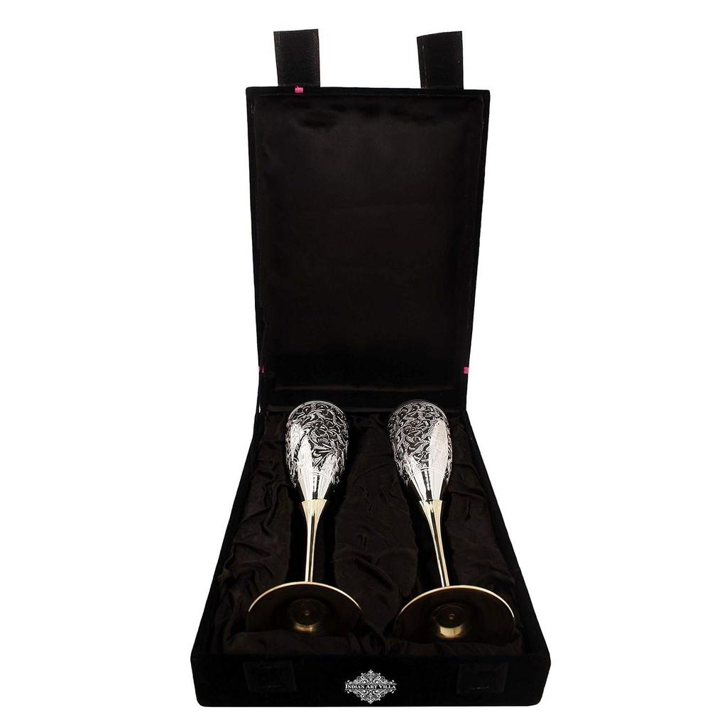 Silver Plated Engraved Goblet Flute Wine Glass with Black Box, Best for Parties, Diwali Gift Set, 100 ML Each, Set of 2