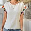 Ladies Summer Ruffles Short Sleeve O Neck Color Block Jacquard Pullover T Shirt Top