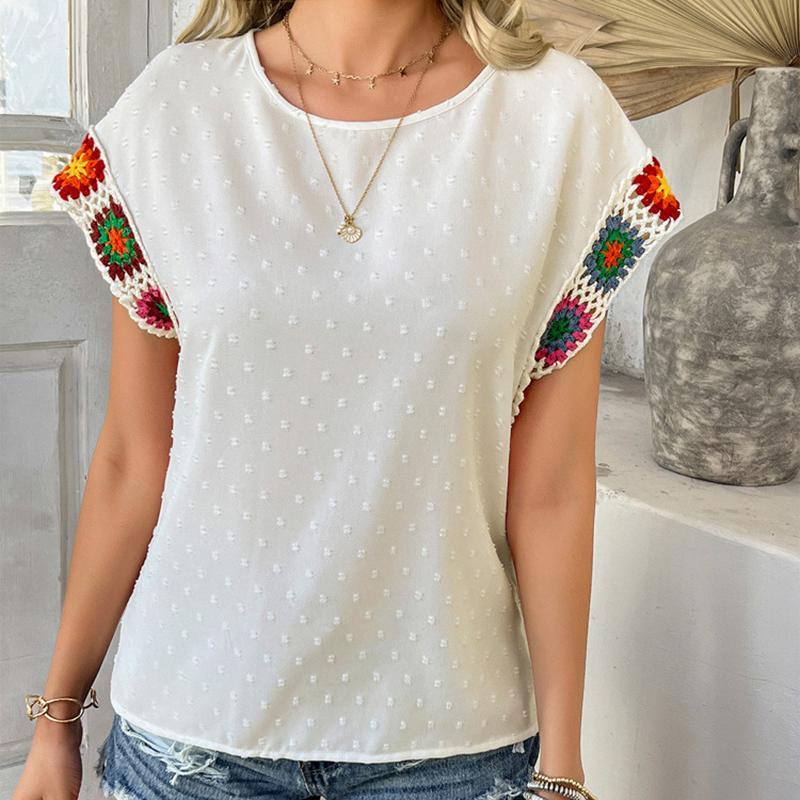 Ladies Summer Ruffles Short Sleeve O Neck Color Block Jacquard Pullover T Shirt Top