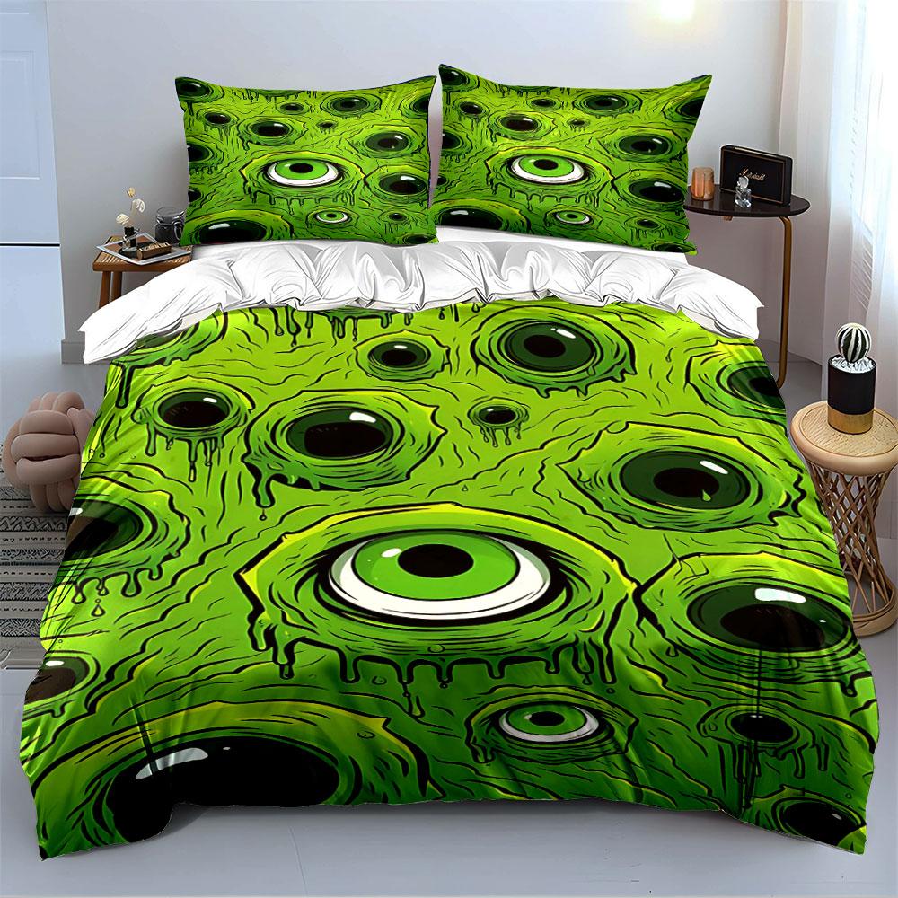 Green Monster Eye Pattern Bedding Duvet Cover Set (1*Duvet Cover 2*Pillowcases, without duvet insert)