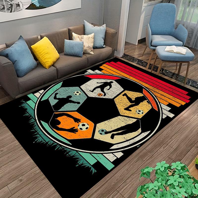 Soccer Ball Pattern Carpet with Player Silhouettes and Retro Design Suitable for use as an anti-slip for living room bedroom sofas