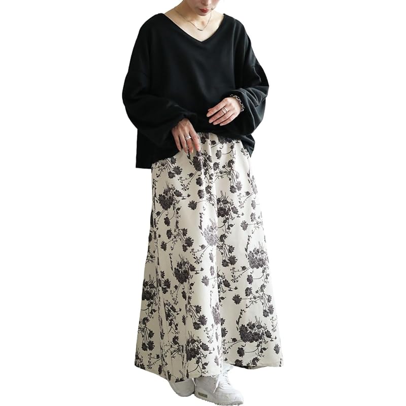 

[Gold Japan] big size ladies one piece long long sleeve docking V-neck floral pattern flare stretch winter coordination autumn winter spring sw-0700