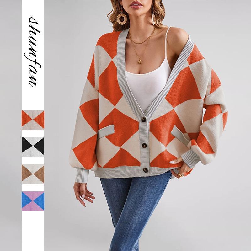 Winter hot sale V-neck rhombus splicing contrasting color loose knitted cardigan jacket women