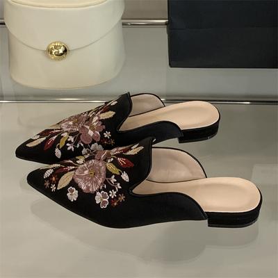 Eilyken Summer Shallow Pointed Toe Women Slippers Vintage Embroidery Square Low Heels Party Dress Mules Shoes
