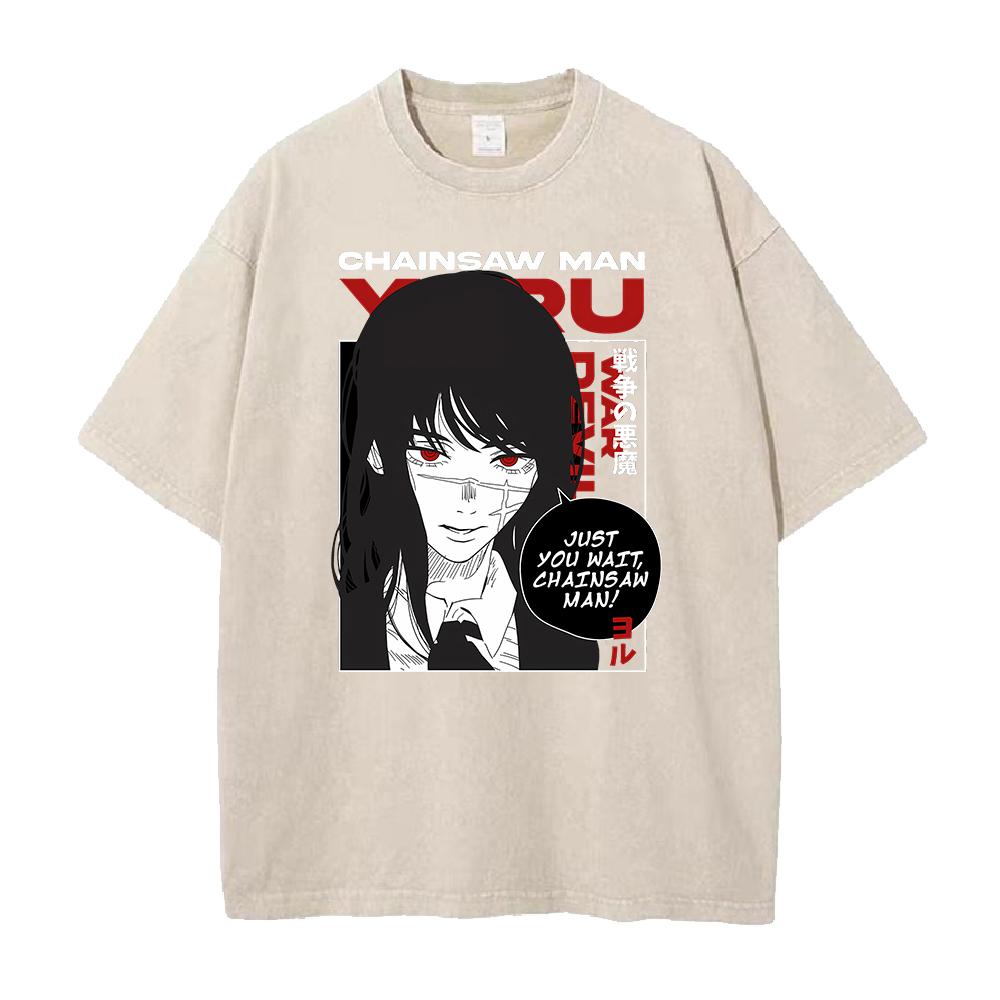 Hot Japanese Yoru Graphic T Shirt Chainsaw Man Anime Vintage Washed T-shirt Men Women Clothes Oversized Polyester Short Sleeve Tee