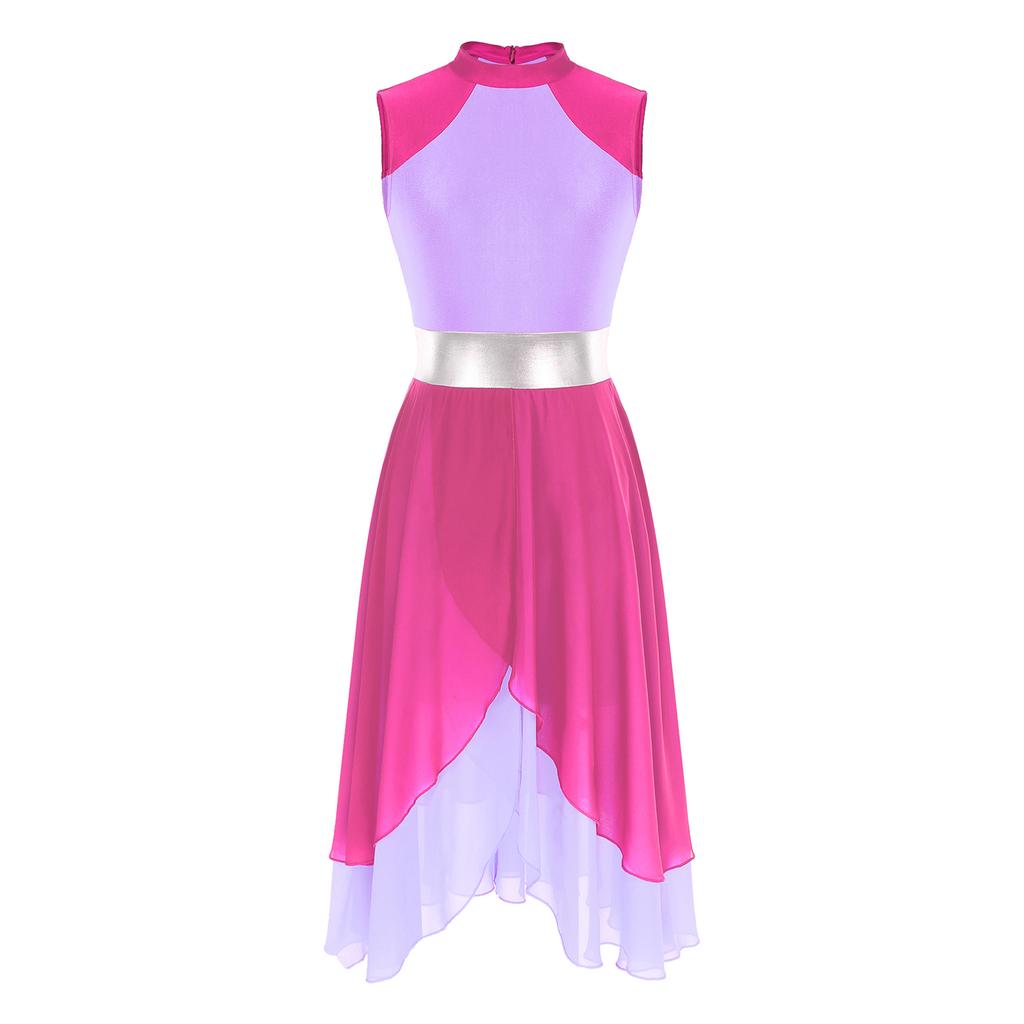 Womens Color Block Dance Dress Sleeveless Mock Neck Design Split Asymmetrical Hem Performance Wear