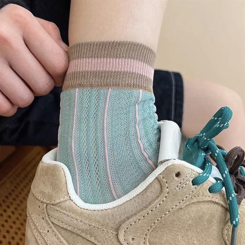 Female Summer Thin Vertical Stripe Striped Mesh Breathable Tube Socks