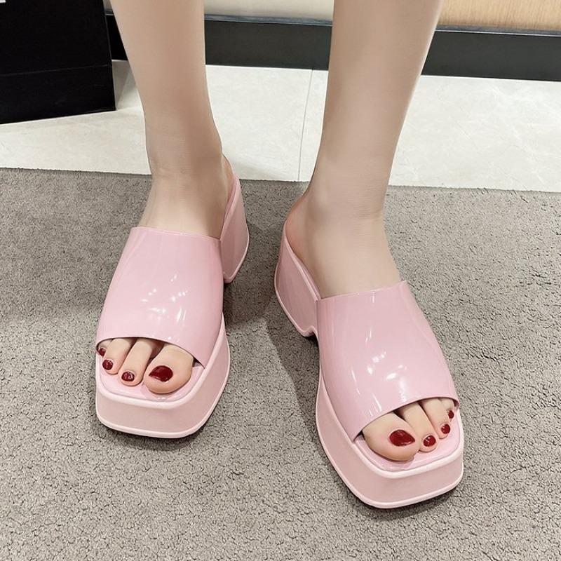 Platform slippers women's summer wear new muffin casual high heel one-word slippers square head fashion sandals women's shoes