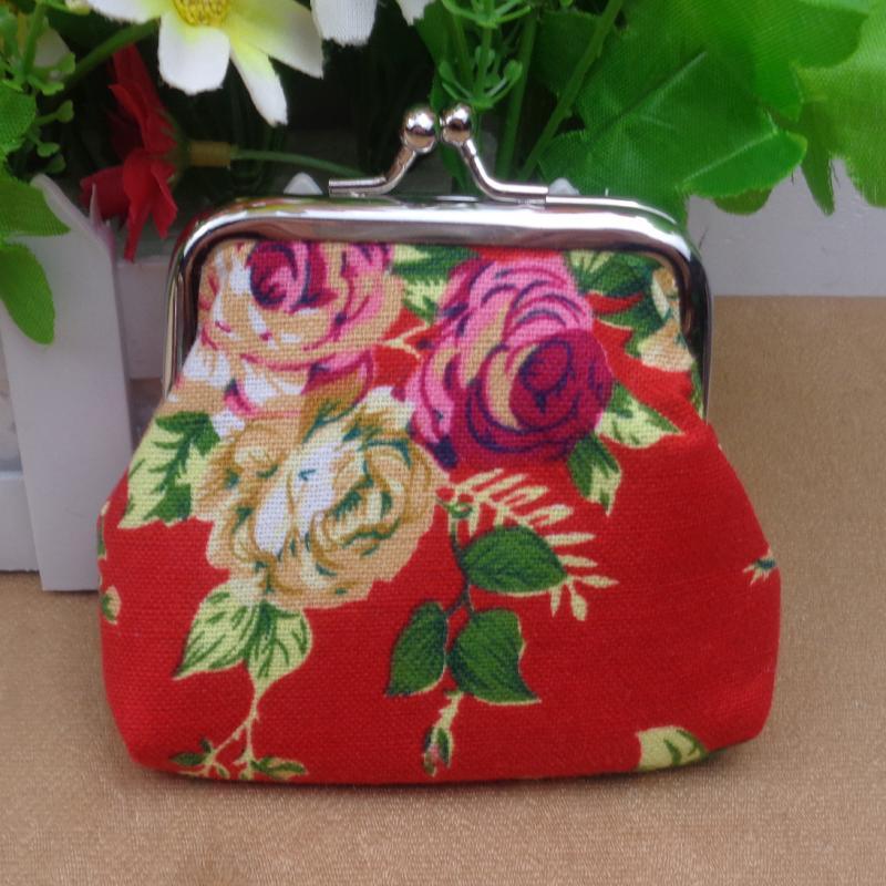 Vintage Floral Canvas Coin Purse Kiss Lock Closure Colorful Flower Print For Daily Use Carry Coins Lipsticks Small Items