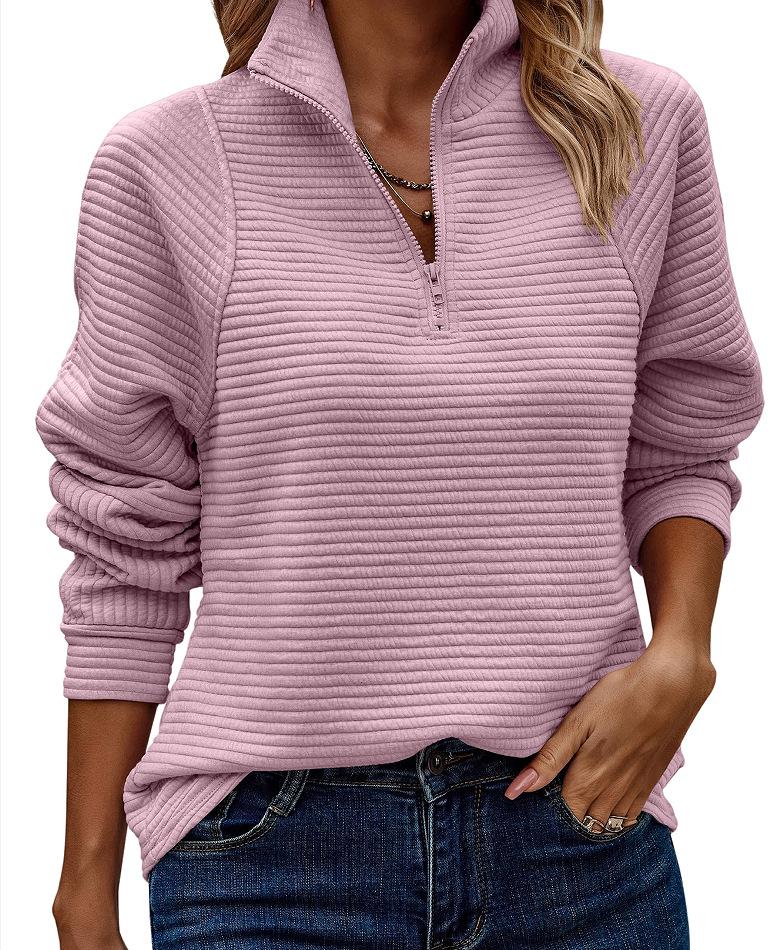 Women's Loose Fit Ribbed Long Sleeve Top with Half Zip Collar In Multiple Colors
