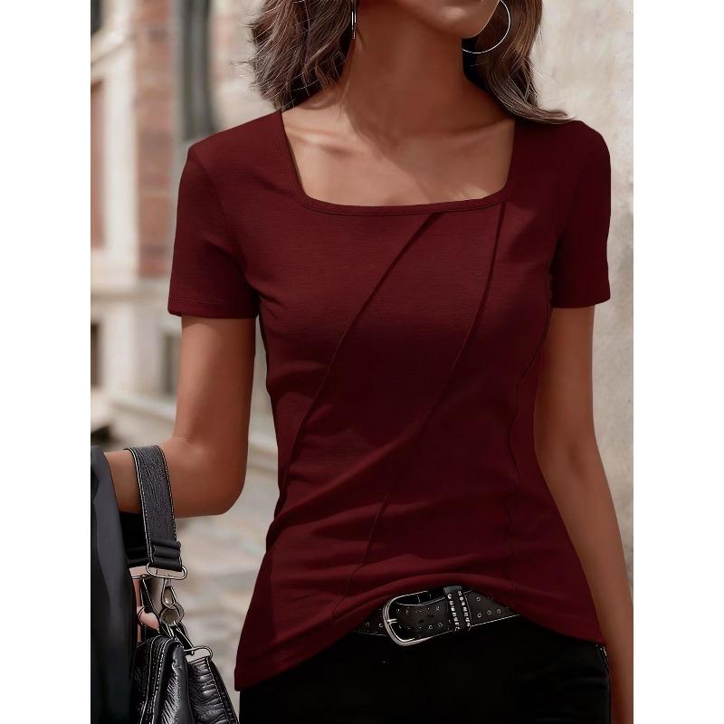 women's Square Neck Ruched Detail Solid Color Short Sleeve Slim Fit T Shirt Casual Basic Top