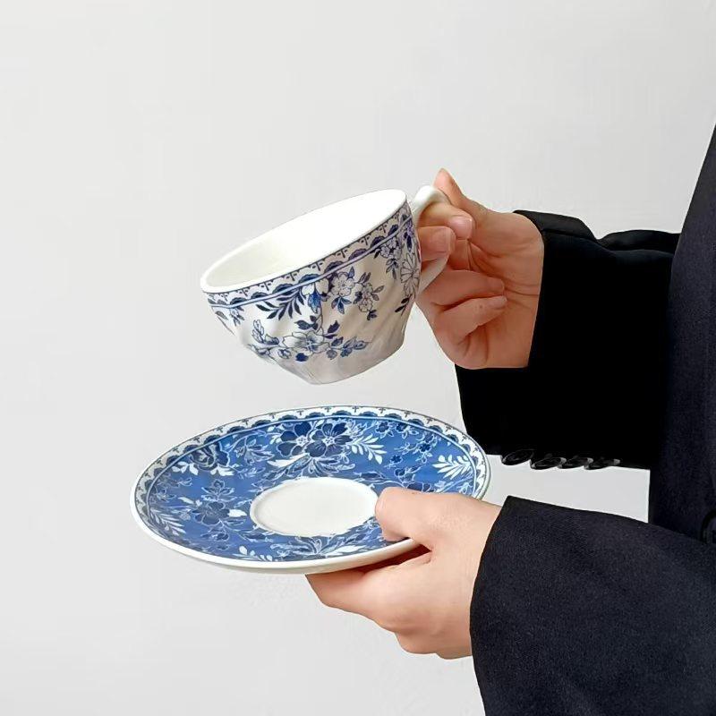 BEPAN Retro Blue and White Ceramic Cup and Saucer Chinese Style Underglaze Light Luxury Home Afternoon Tea Drinkware Household Goods  200ml