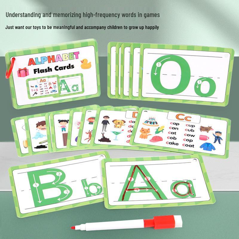 26-Card Alphabet & Phonics Flashcards: Wipeable Early Education Toy Green 26 Letters Flashcards
